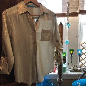 Alice + Olivia Gold size XS polyester-blend, button-down, semi-sheer blouse